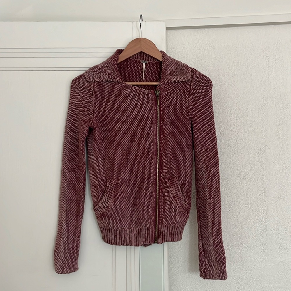 Free People Zip-Up Purple/Pink Moto Sweater Jacket XS Extra Small Womens